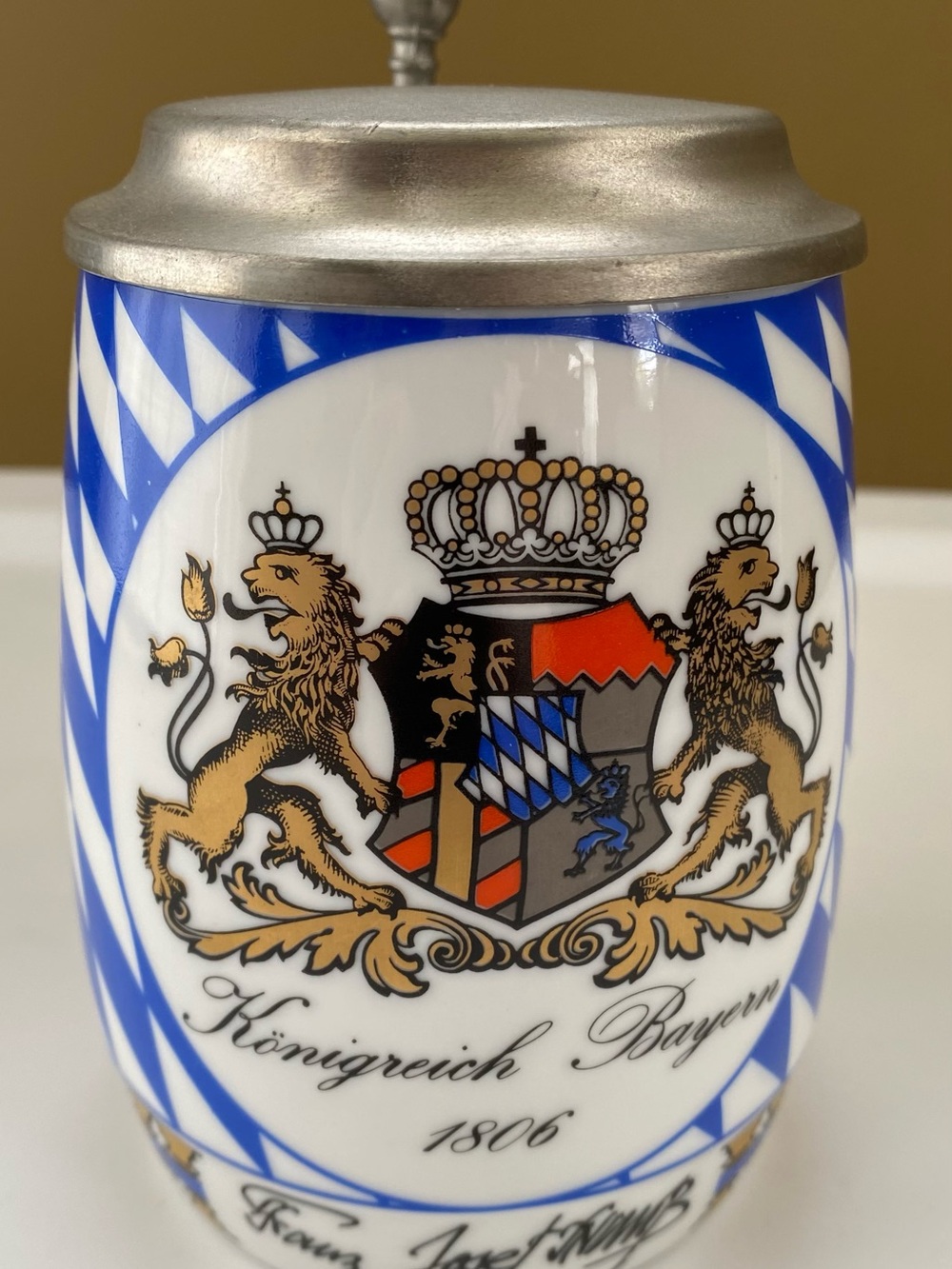 Bavarian Crest Ceramic Beer Stein with Pewter Lid - Blue & White